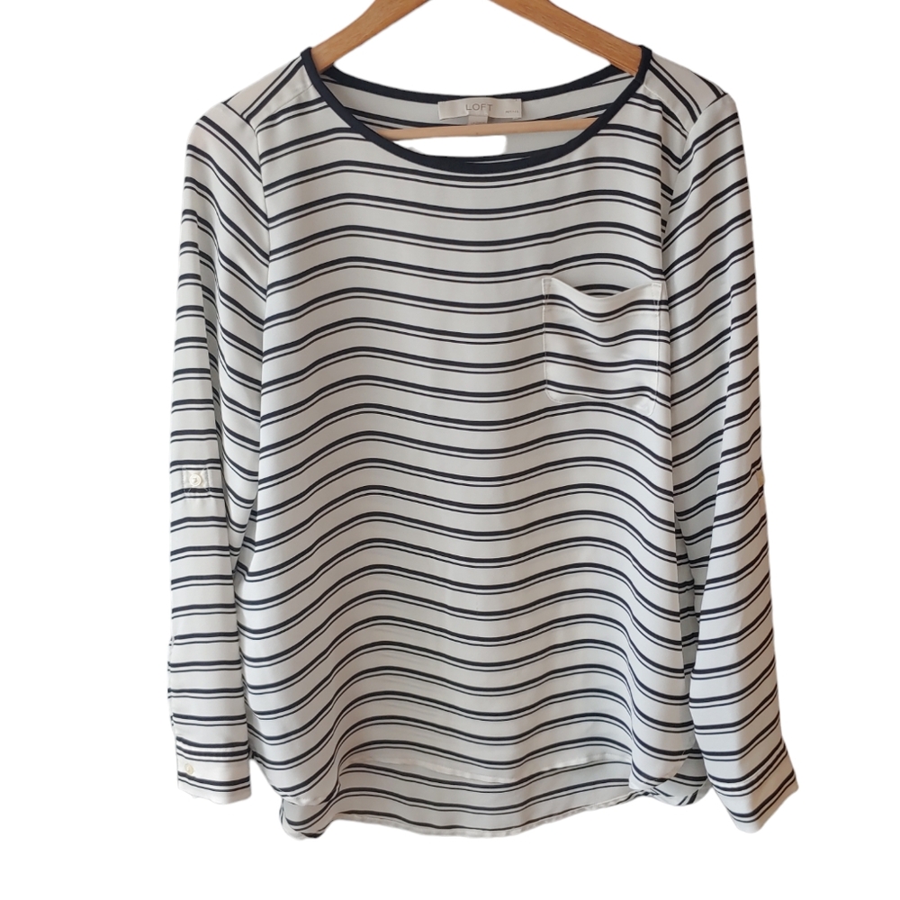 Loft White with Black Stripe Long Sleeve Semi Sheer Blouse Size Large Petite